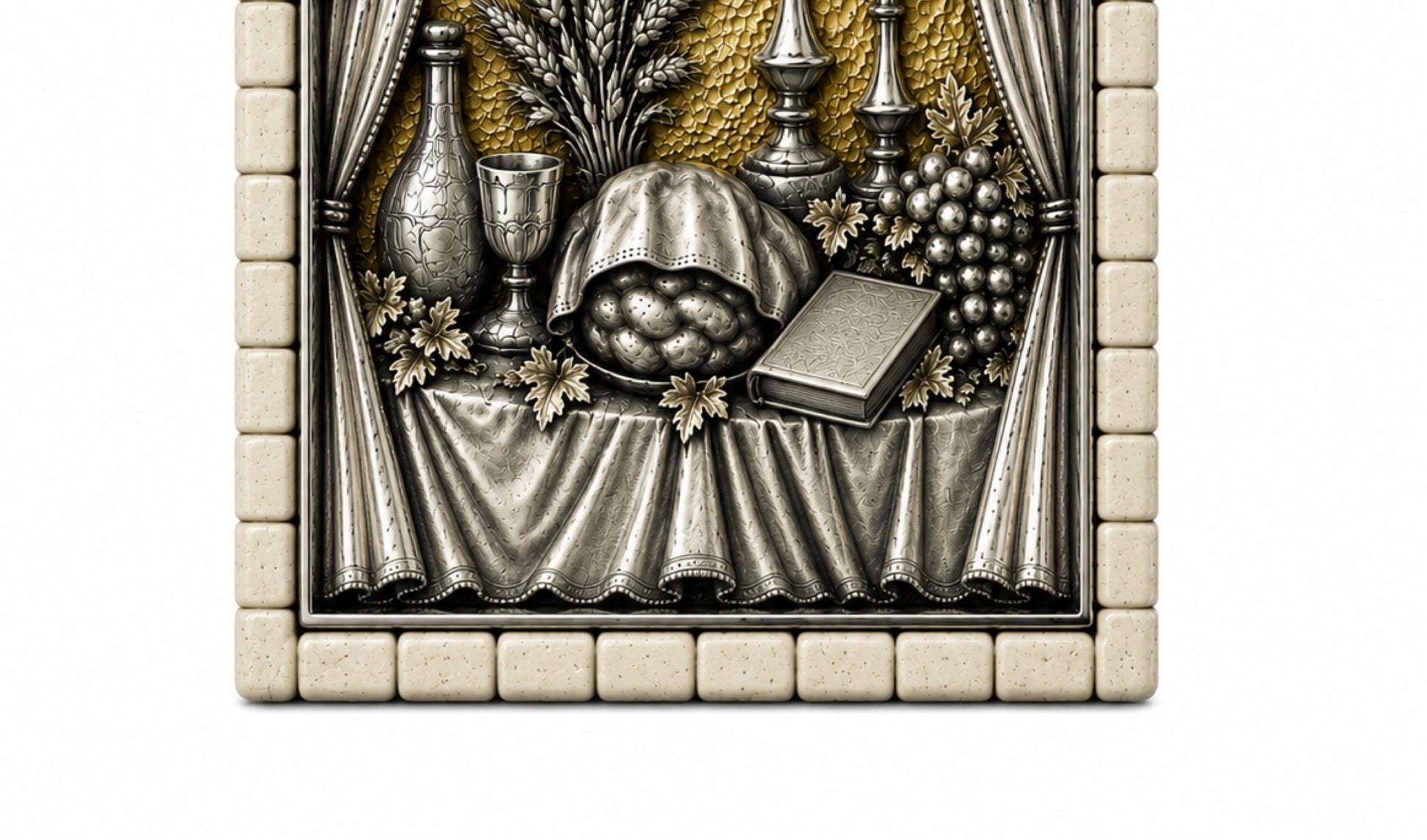 Detailed view of challah bread, Kiddush cup, wine vessel and prayer book featured in the Seventh Day of Creation pendant.
