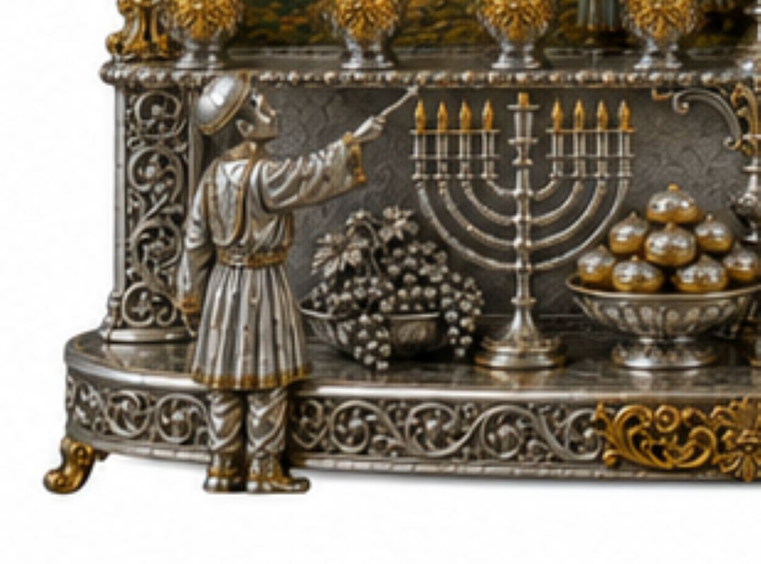 Sculptural Jewish child lighting a sterling silver Hanukkiah on the Legacy of Light Hanukkah menorah