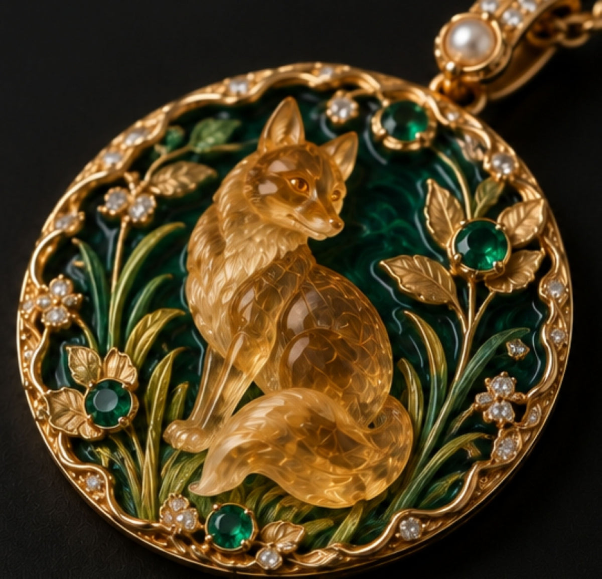 The Golden Fox hand-carved citrine fox pendant in 18K gold with emeralds, diamonds and green enamel