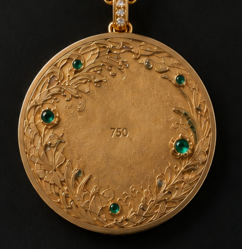 Back of The Golden Fox 18K gold pendant with hand-worked botanical ornament and natural emerald gemstones