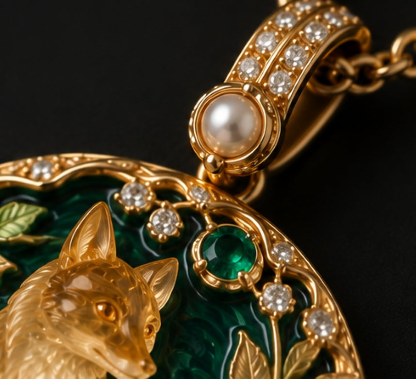 18K gold fox pendant detail with natural emerald, diamonds, pearl and emerald-green hot enamel