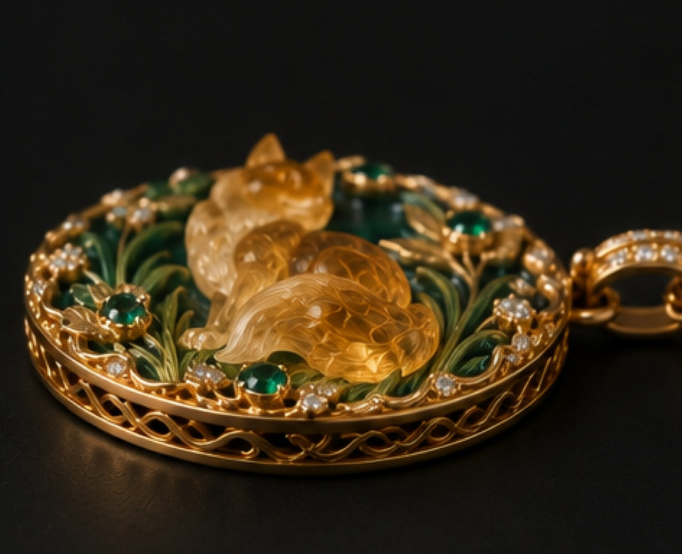 Side view of The Golden Fox sculptural citrine pendant in 18K yellow gold with emeralds and green enamel