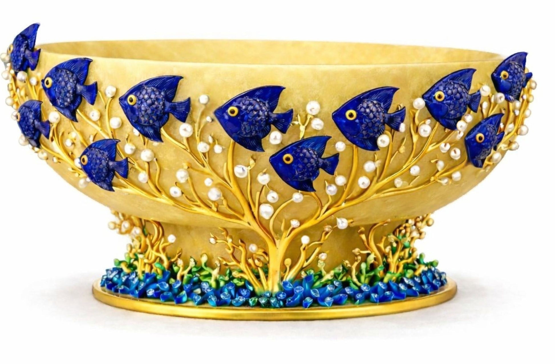 Yellow jade decorative bowl with lapis lazuli fish, freshwater pearls, gold vermeil branches and enamel coral base, Coral Symphony design
