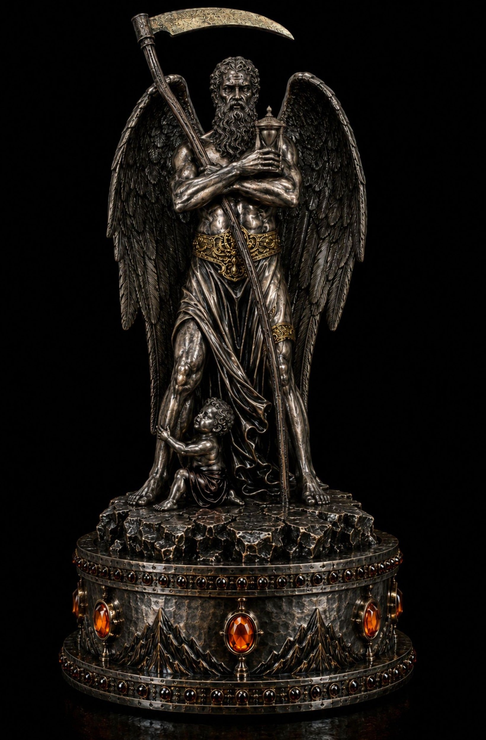 A gothic-style metal sculpture of a winged figure holding a scythe and a small cup, standing on a decorative pedestal with amber gem accents against a black background.