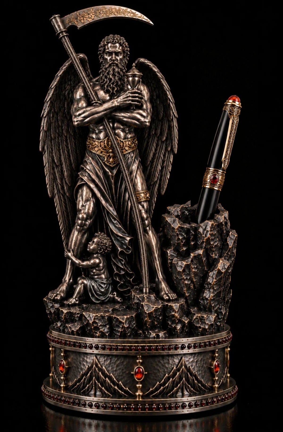 Cronus luxury sculptural pen holder in sterling silver and 18K gold with garnet-set pen display