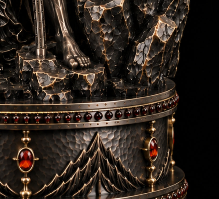 Cronus pen holder detail with chased sterling silver, 18K gold and natural red garnets