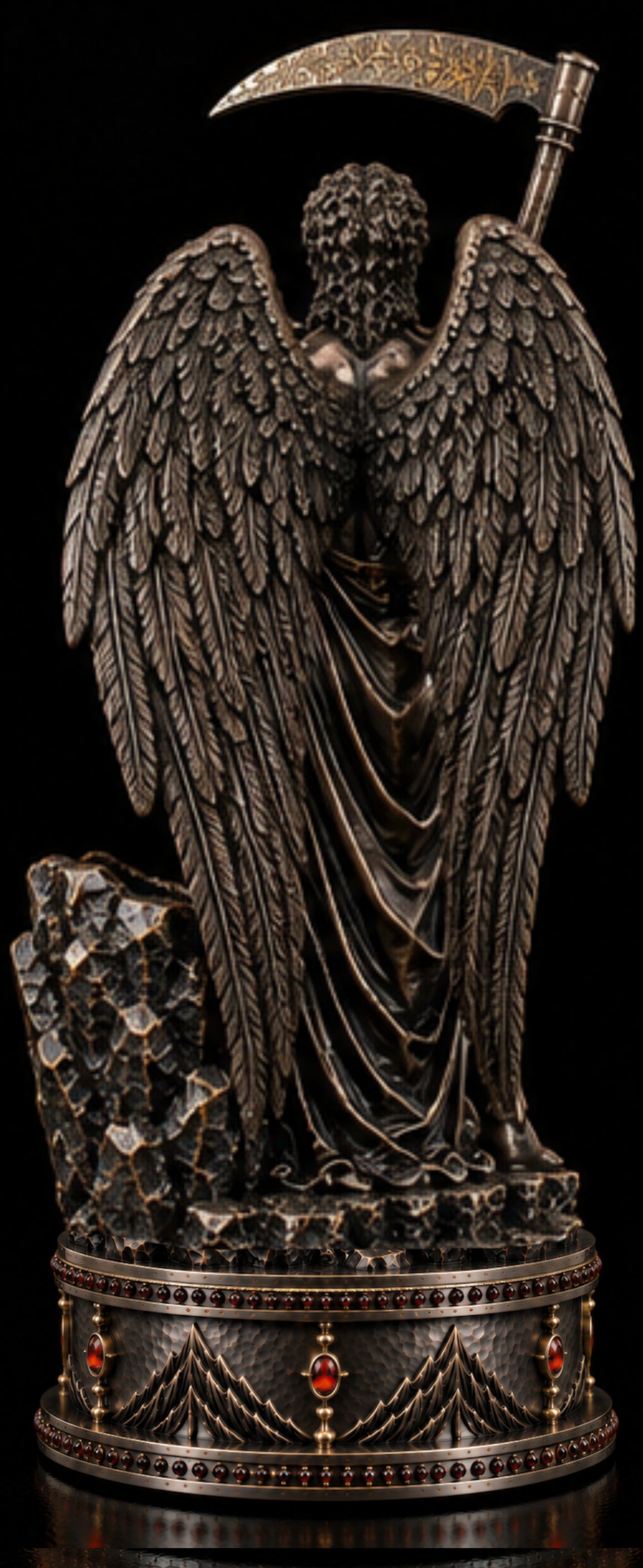 Rear view of Cronus mythological sculpture with detailed silver wings and gold accents