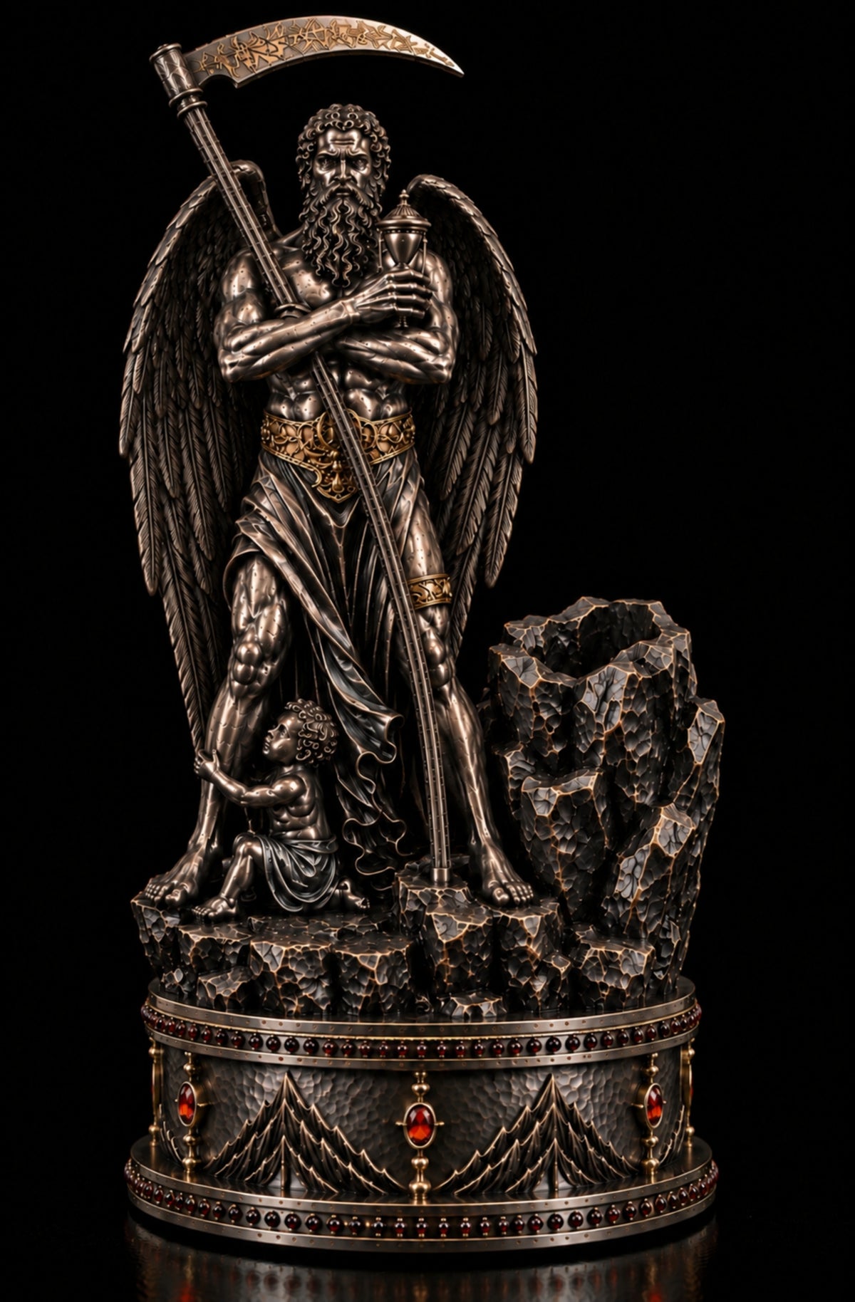 Cronus sculptural pen holder in sterling silver, 18K gold and garnets by Konforti Atelier