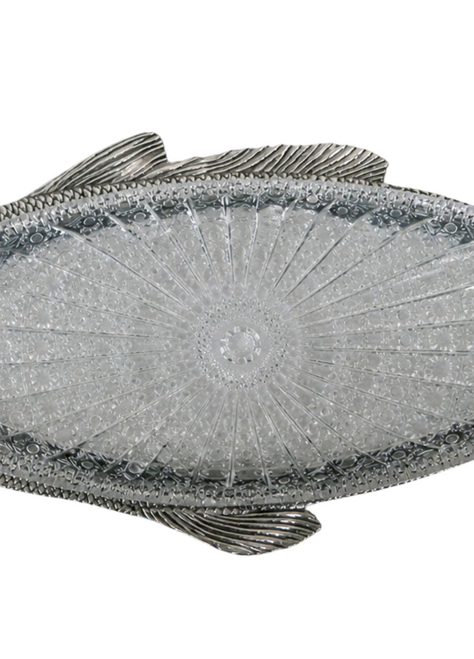Cut crystal tray insert with geometric pattern set inside sterling silver fish dish, intricate glasswork detail