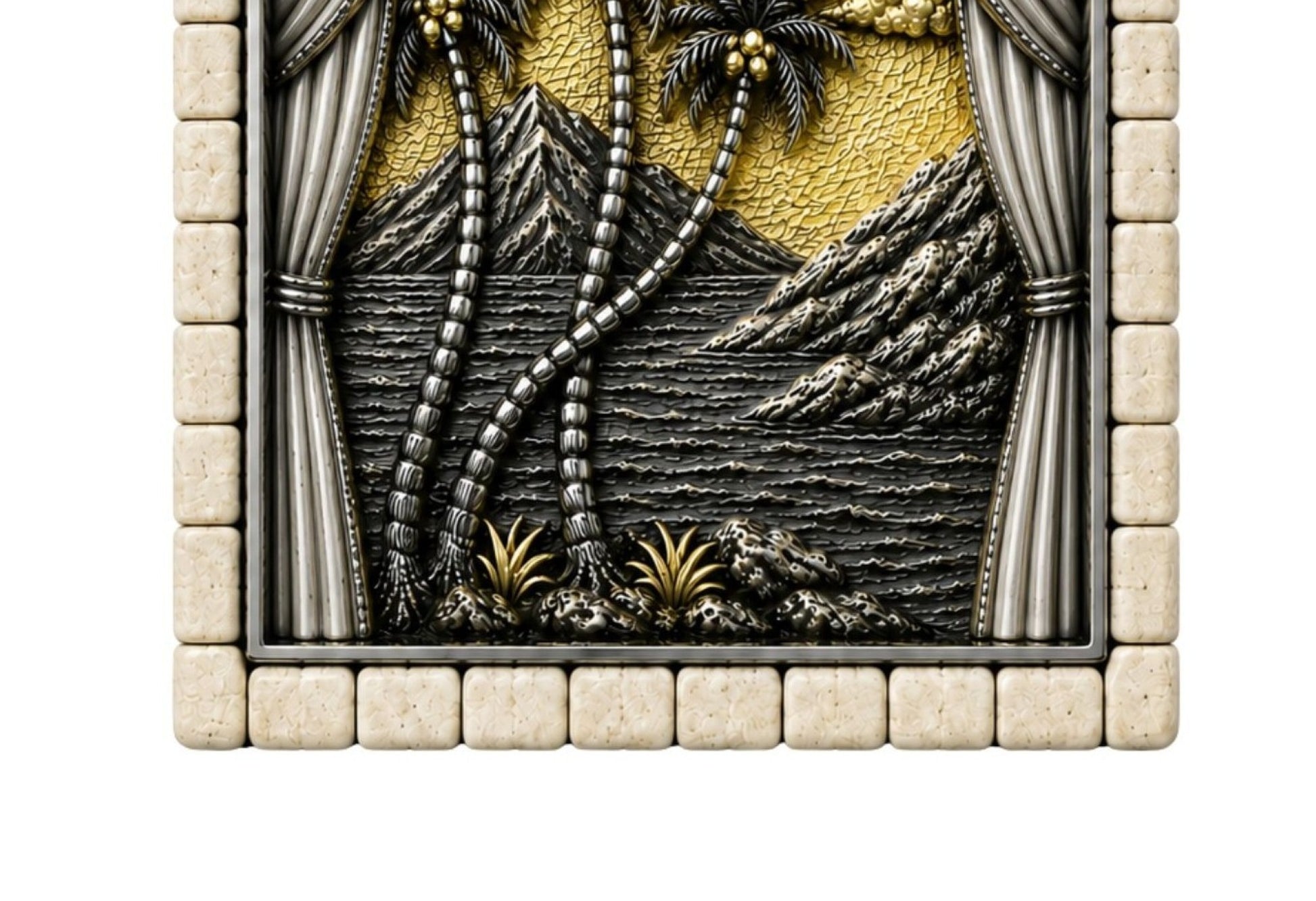 Detailed view of the Day Three Genesis pendant featuring palm trees, mountains, waters, and vegetation sculpted in sterling silver with 24K gold accents.
