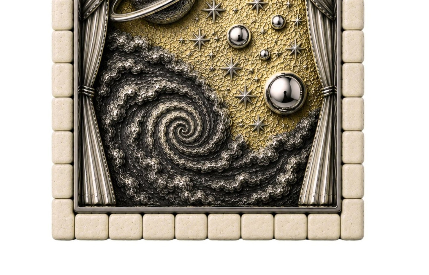 Detailed view of the Day Four Genesis pendant showing a swirling cosmic galaxy and celestial landscape handcrafted in sterling silver with 24K gold gilding.