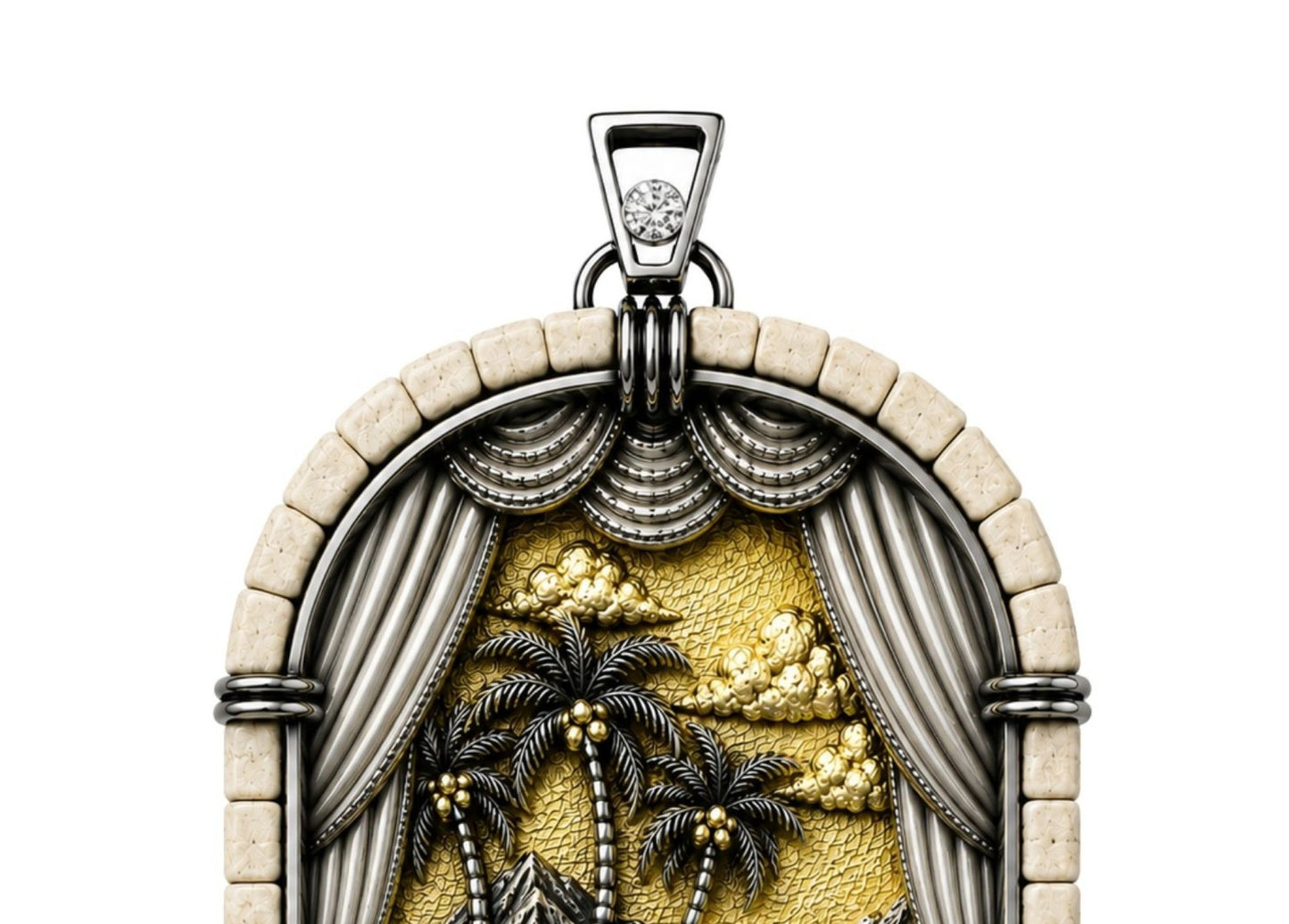 Close-up detail of the Days of Creation Third Day pendant showing the diamond-set bail, Jerusalem stone arch, silver drapery, and gilded sky background.