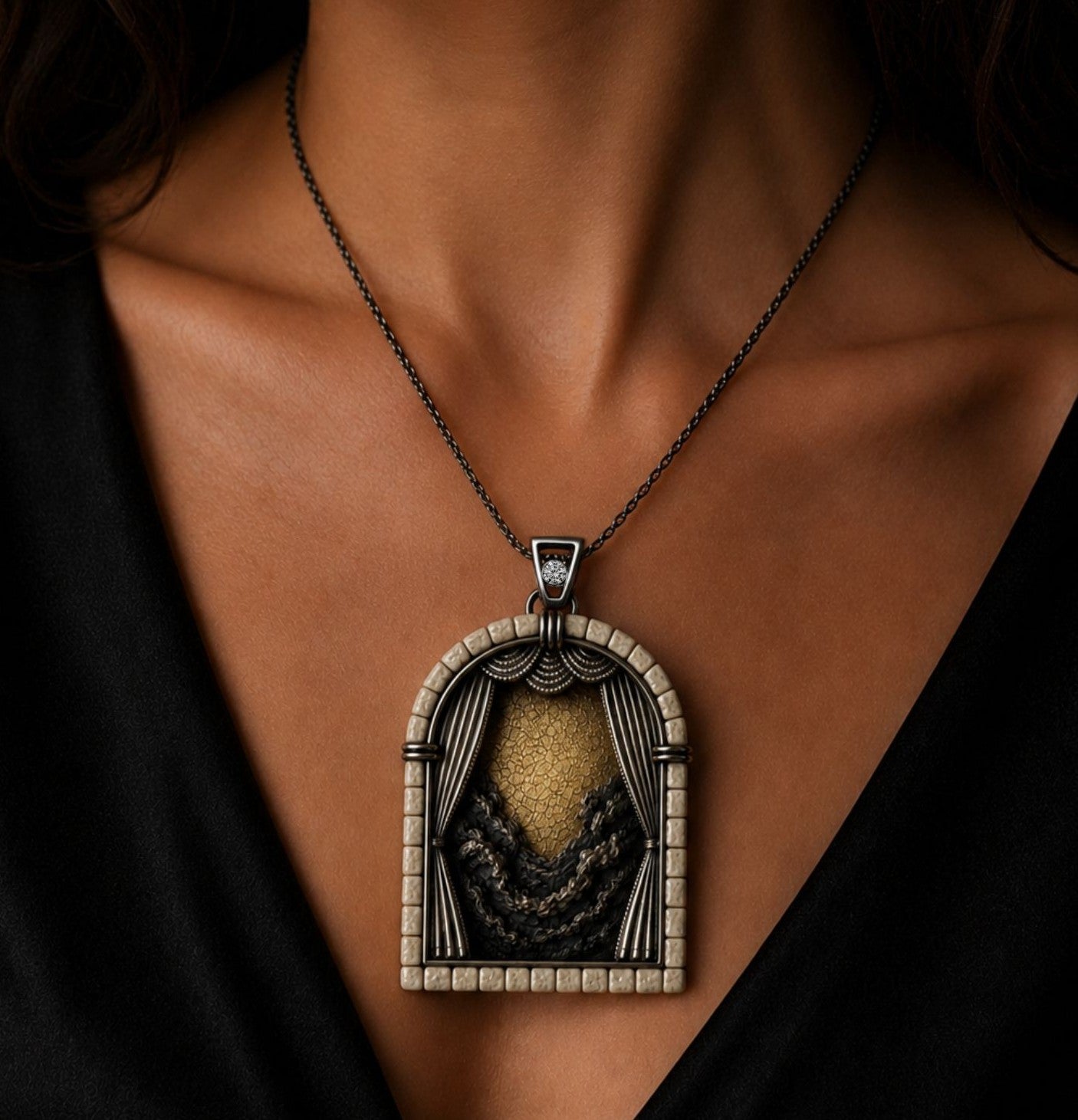 Luxury Days of Creation Day 1 pendant worn on a necklace, featuring Jerusalem stone, oxidized sterling silver curtains, 24K gold gilded background, and a round brilliant cut diamond symbolizing the creation of light.