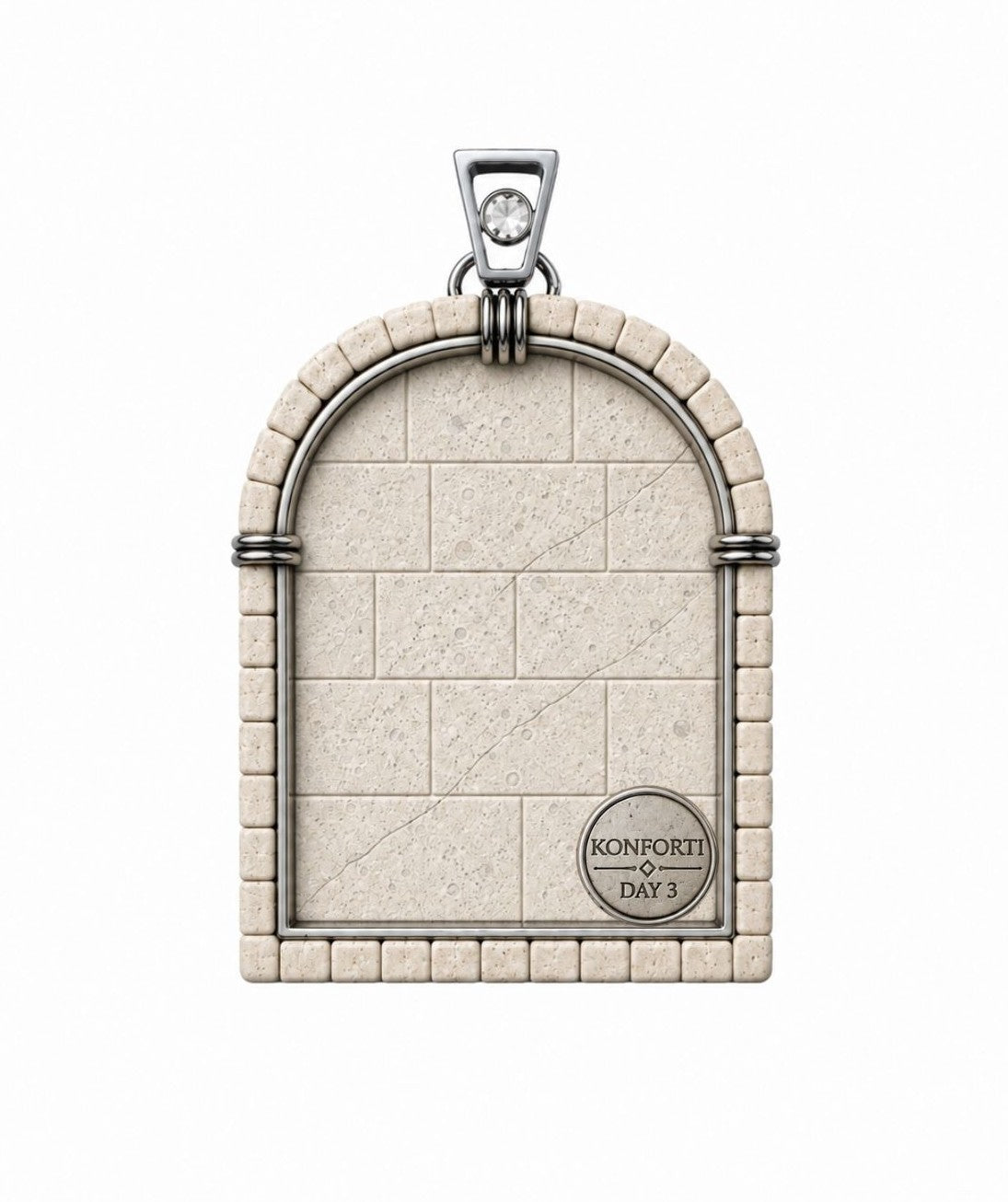 Back view of the Days of Creation Third Day pendant featuring hand-carved Jerusalem stone, Konforti atelier signature medallion, and biblical Day 3 inscription.