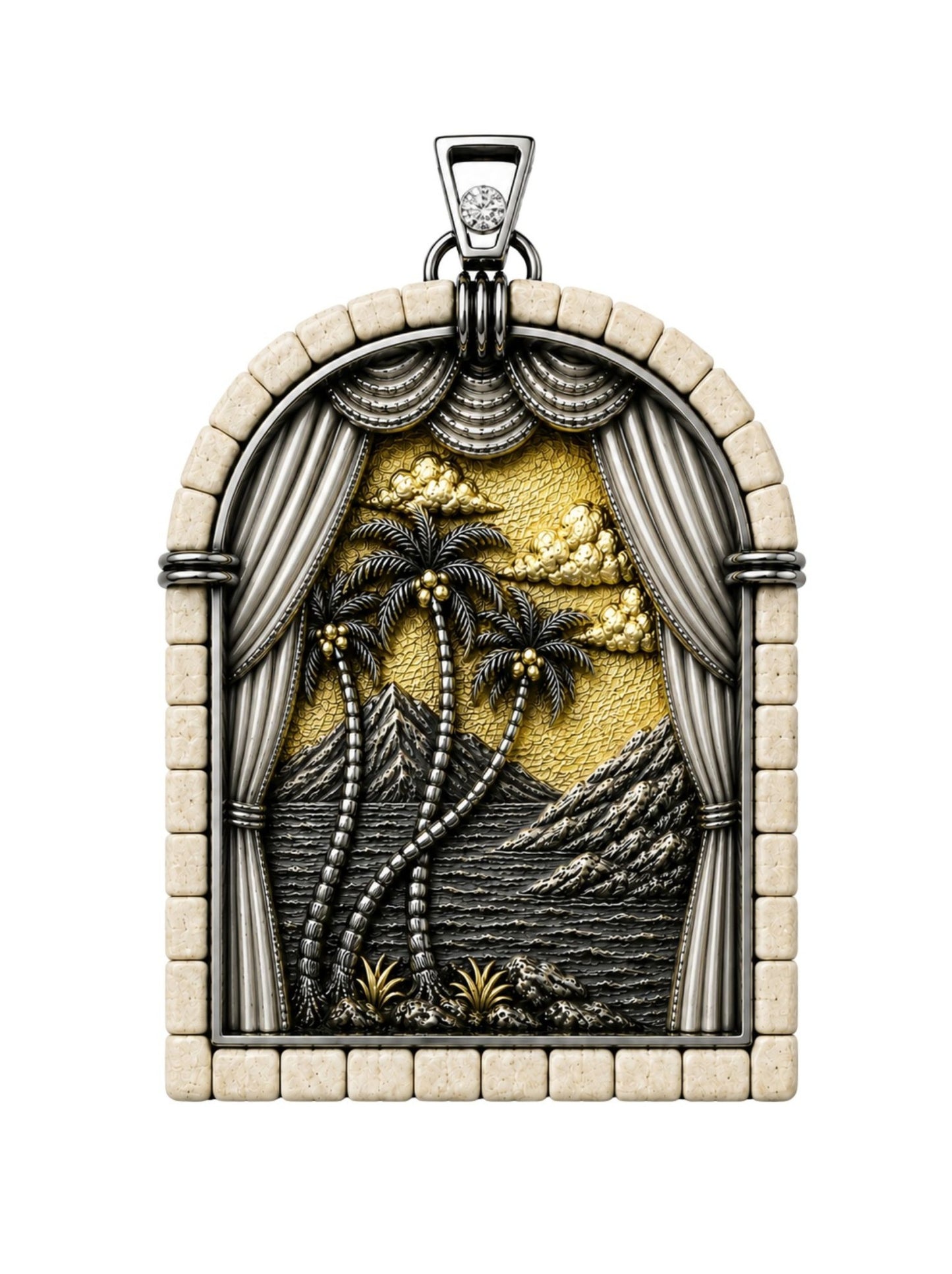 Days of Creation Third Day pendant handcrafted in sterling silver with 24K gold gilding, Jerusalem stone frame, diamond accent, and sculptural Genesis landscape featuring palm trees, mountains, and gathered waters.