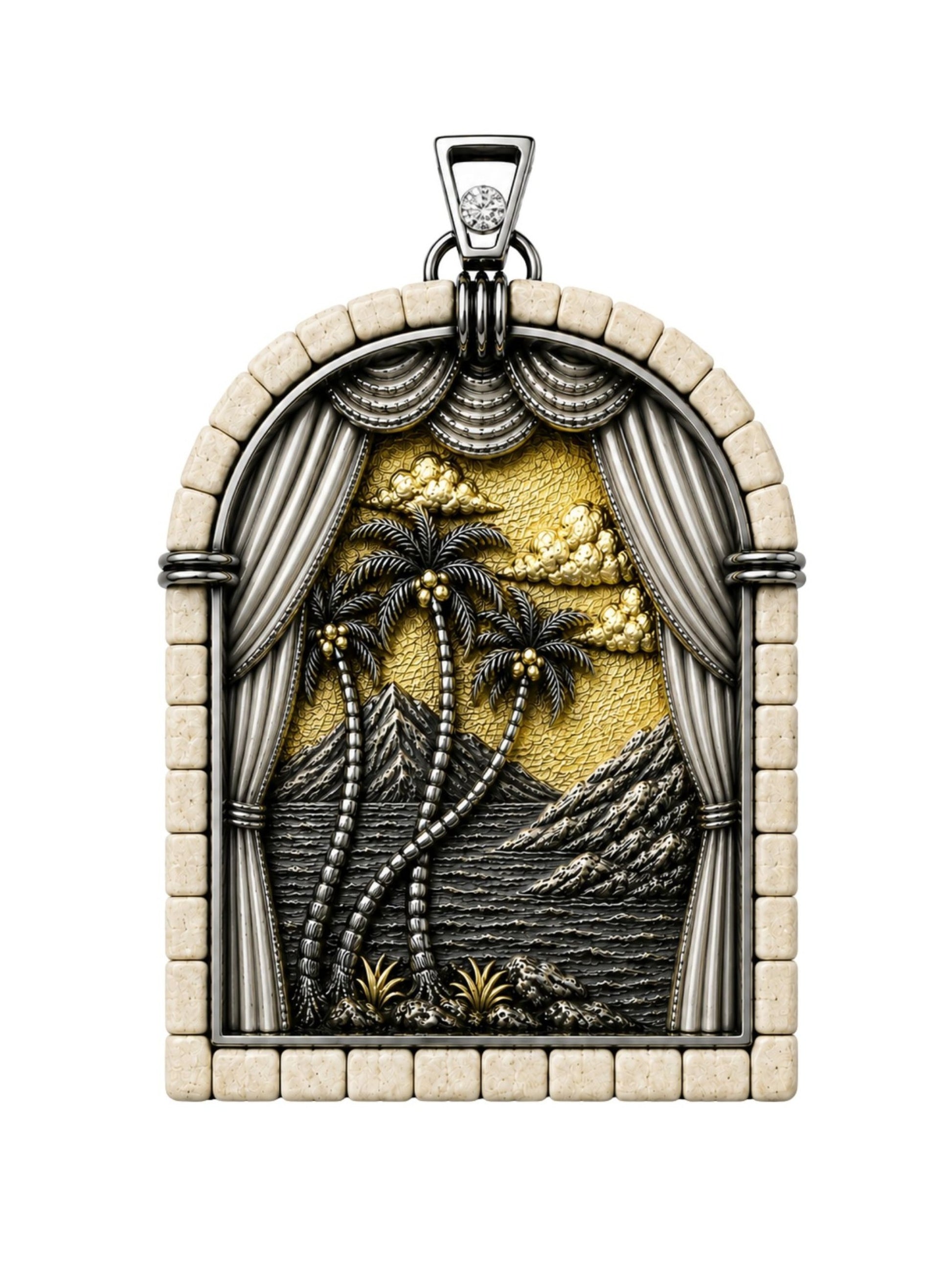 Days of Creation Third Day pendant handcrafted in sterling silver with 24K gold gilding, Jerusalem stone frame, diamond accent, and sculptural Genesis landscape featuring palm trees, mountains, and gathered waters.