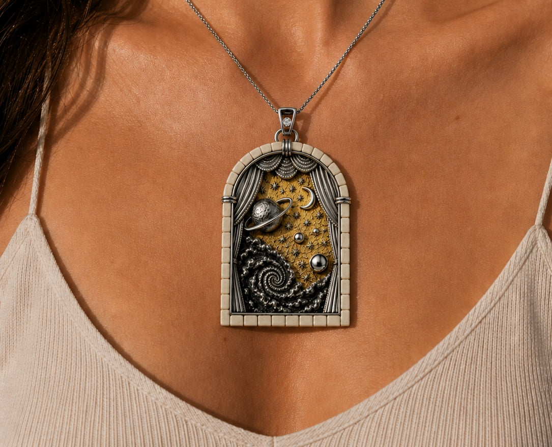 Woman wearing the Days of Creation Fourth Day pendant in sterling silver, 24K gold gilding, Jerusalem stone, and diamond, showcasing the pendant's sculptural celestial design and couture scale.