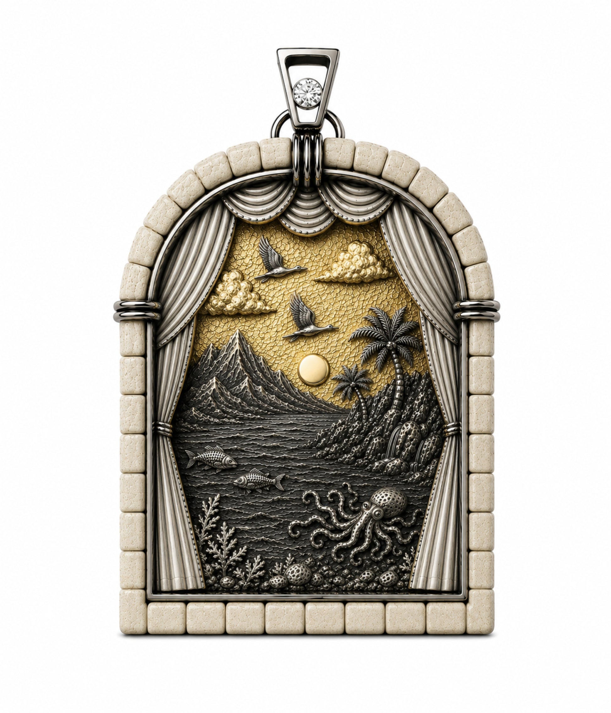 Fifth Day of Creation pendant handcrafted in sterling silver with 24K gold gilding, Jerusalem stone frame and 0.30 carat diamond, depicting birds of the sky and creatures of the sea from Genesis.