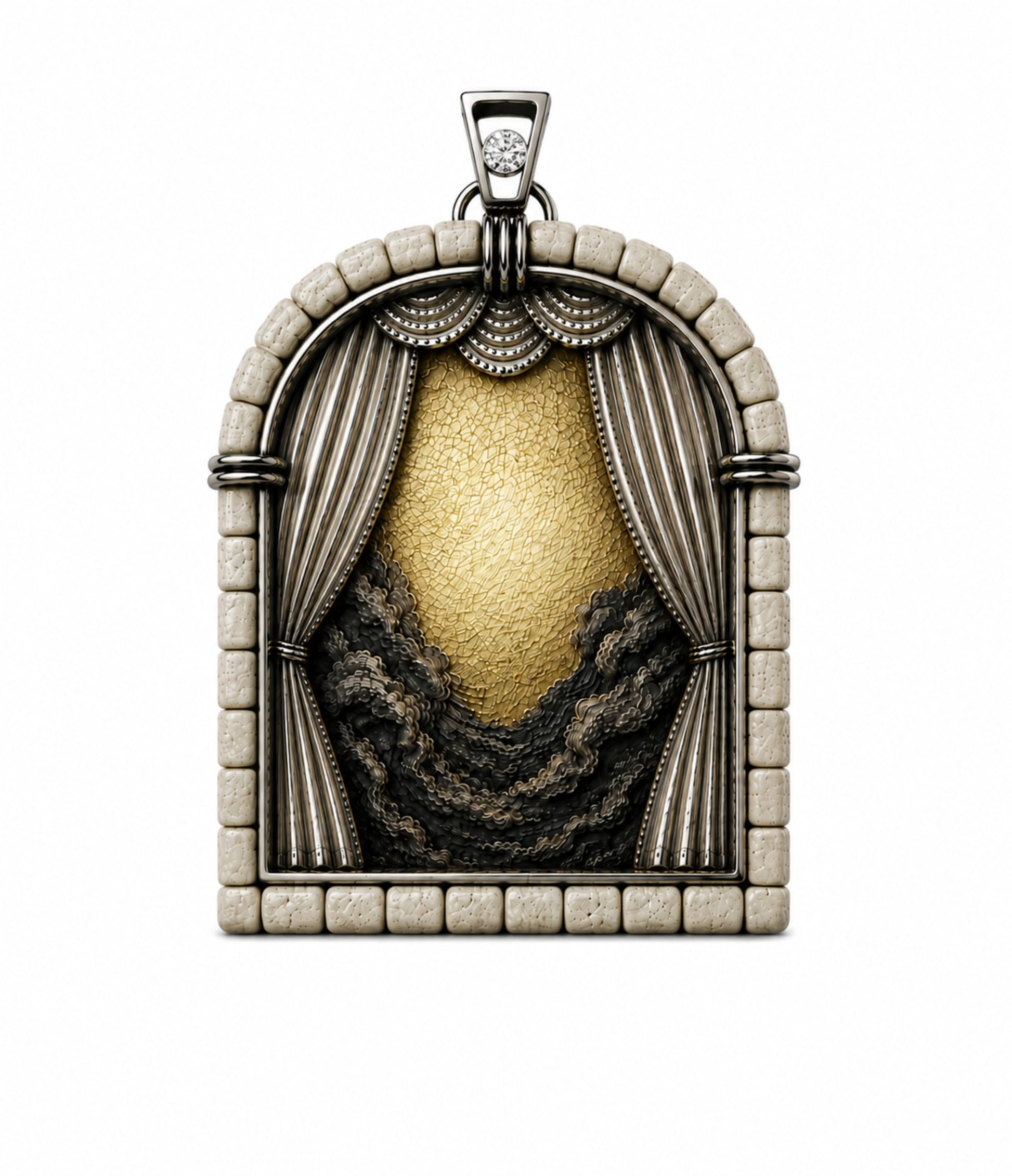 The First Day of Creation pendant handcrafted in sterling silver with 24K gold gilding and hand-carved Jerusalem stone. Framed by sculptural theater curtains opening onto a symbolic scene of light emerging from darkness, topped with a 0.30 carat round diamond.