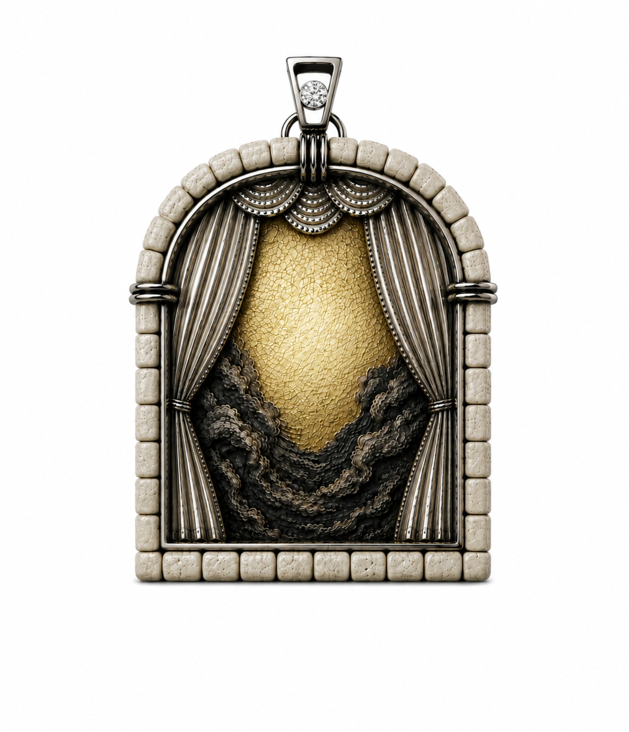 The First Day of Creation pendant handcrafted in sterling silver with 24K gold gilding and hand-carved Jerusalem stone. Framed by sculptural theater curtains opening onto a symbolic scene of light emerging from darkness, topped with a 0.30 carat round diamond.