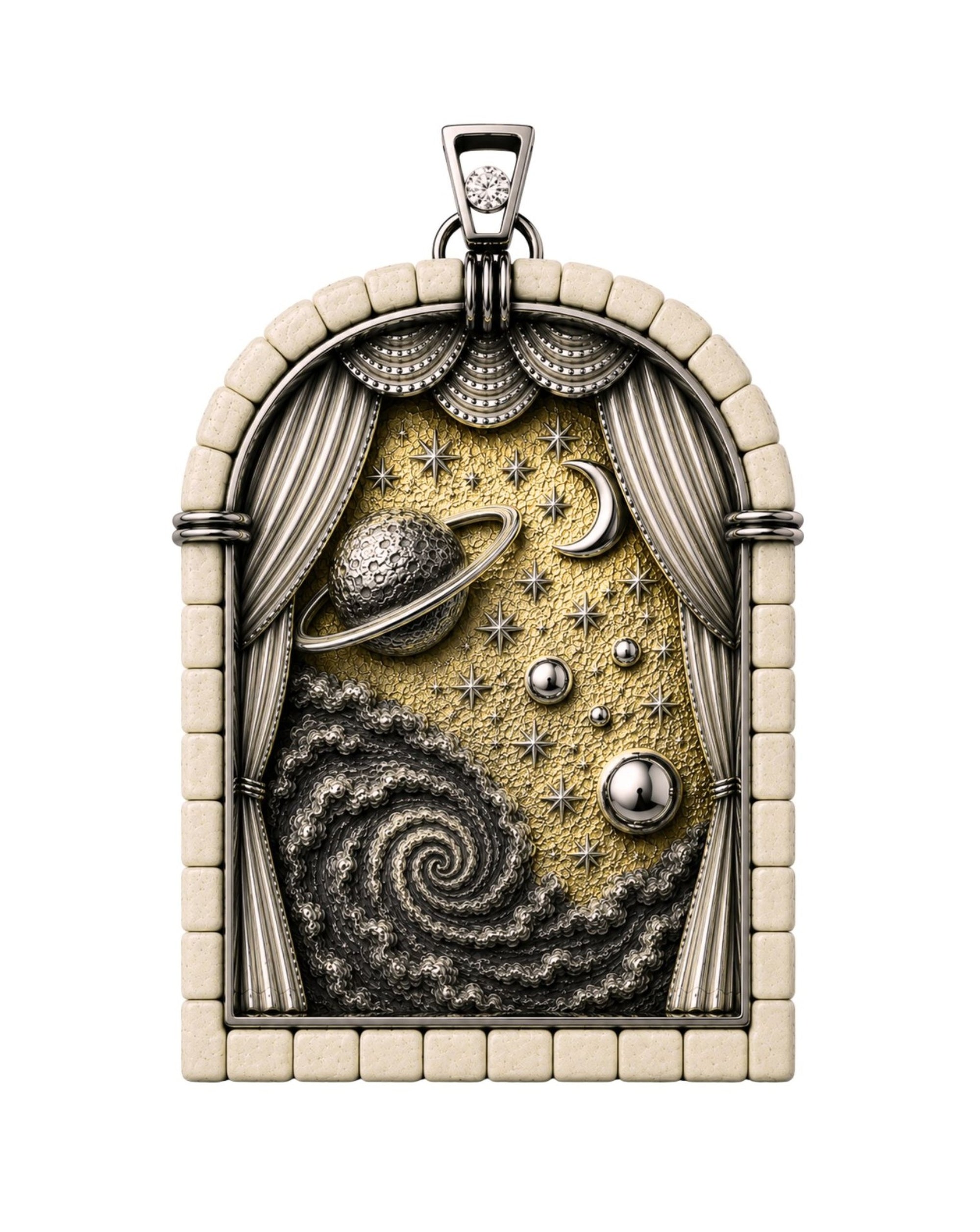 Days of Creation Fourth Day pendant handcrafted in sterling silver with 24K gold gilding, Jerusalem stone frame, diamond accent, and celestial scene depicting the creation of the sun, moon, stars, and heavenly bodies.