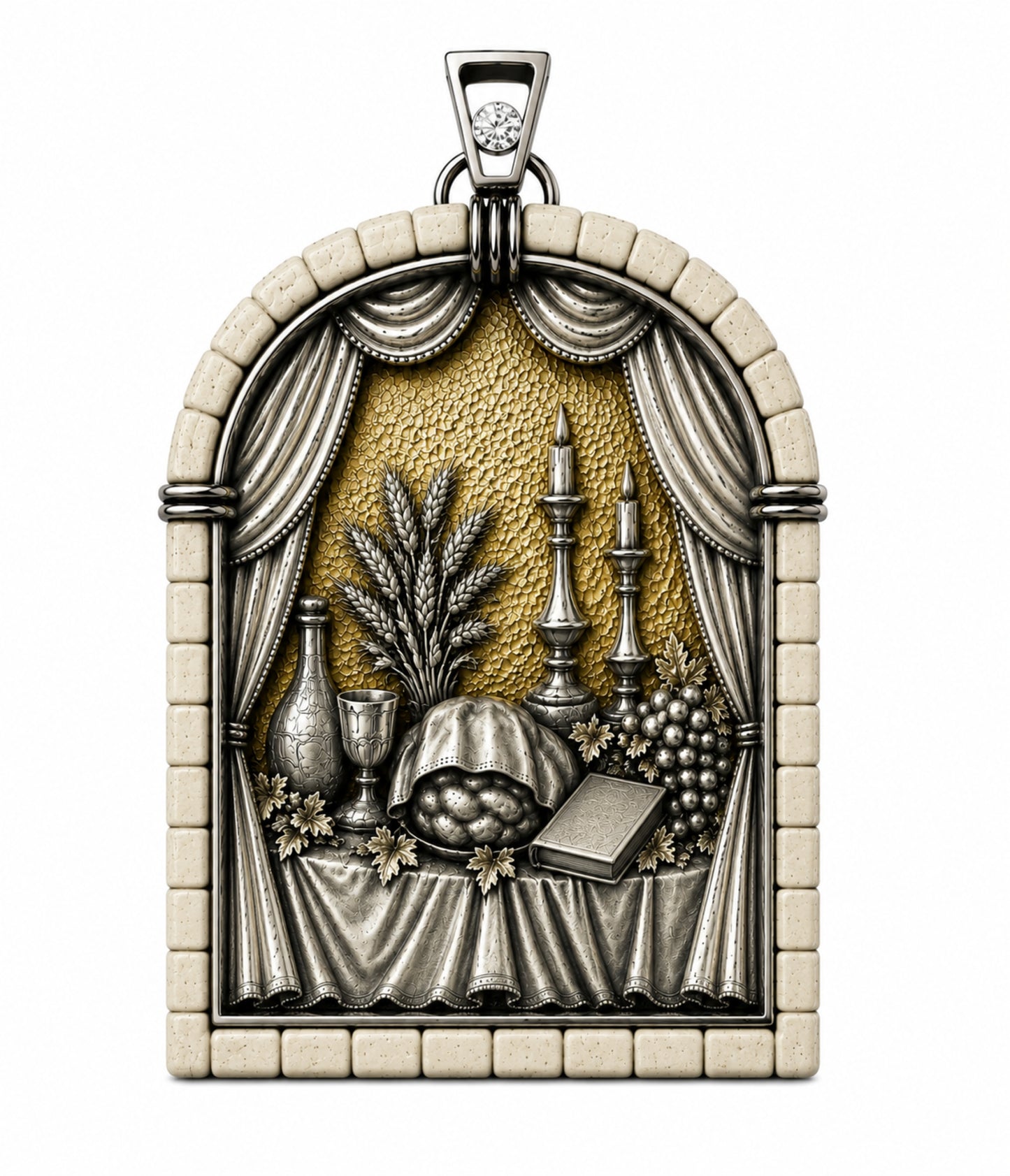 Seventh Day of Creation Sabbath pendant handcrafted in sterling silver, 24K gold gilding, Jerusalem stone and a 0.30 carat diamond.