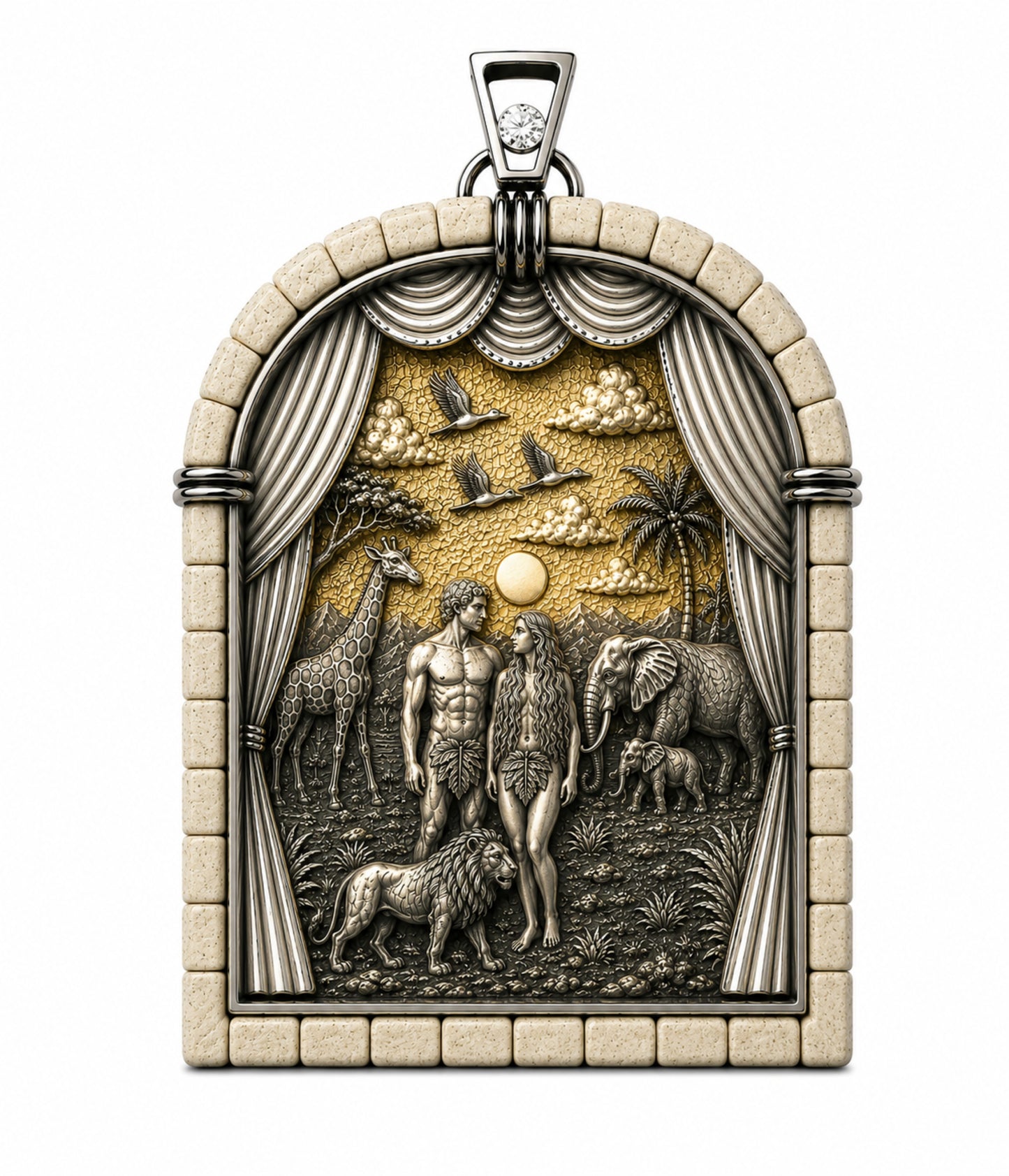 Luxury Adam and Eve Garden of Eden pendant worn as a necklace, handcrafted in sterling silver, 24K gold, Jerusalem stone and diamond.