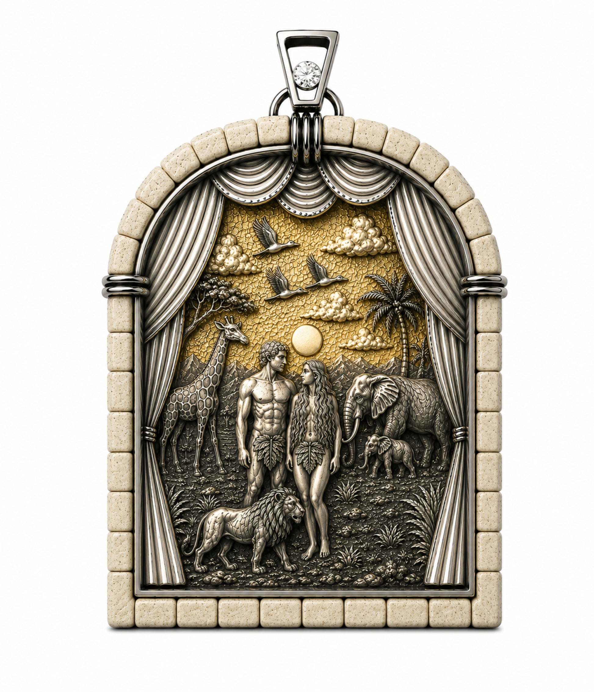 Luxury Adam and Eve Garden of Eden pendant worn as a necklace, handcrafted in sterling silver, 24K gold, Jerusalem stone and diamond.