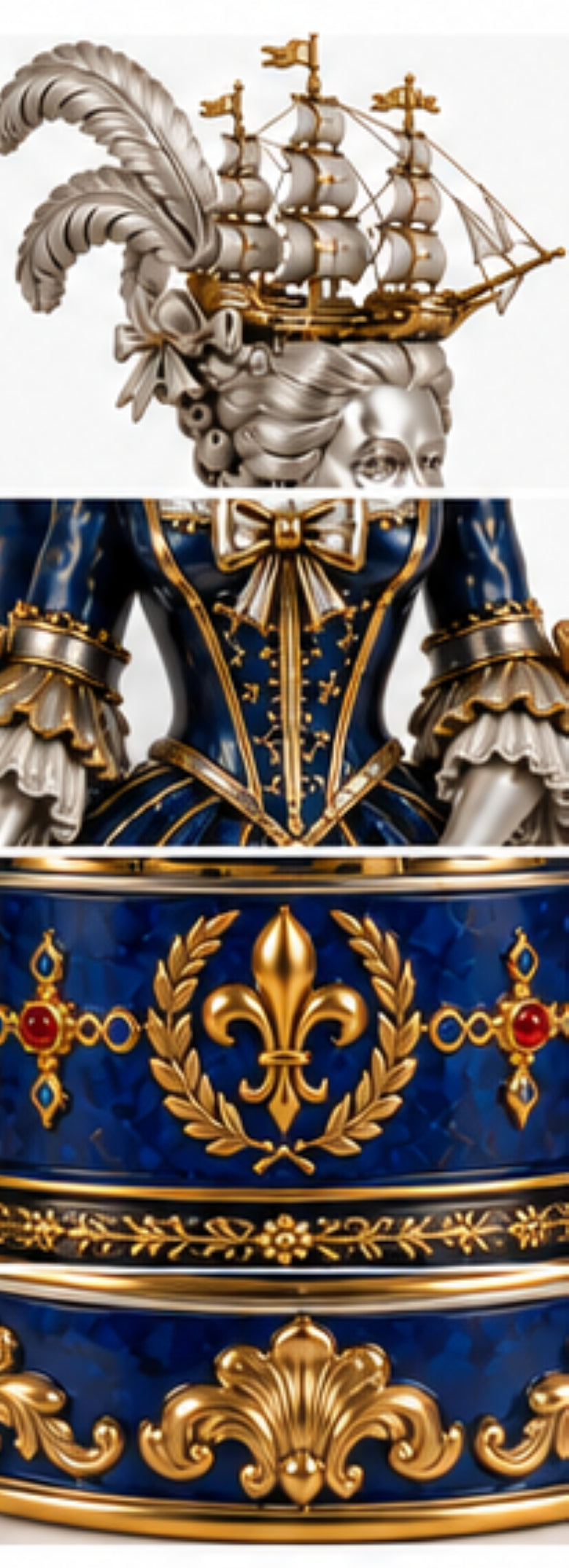 Close-up of Duchesse de Polignac luxury paper weight showing silver ship headdress, blue hot enamel gown, 24K gold gilt and garnets