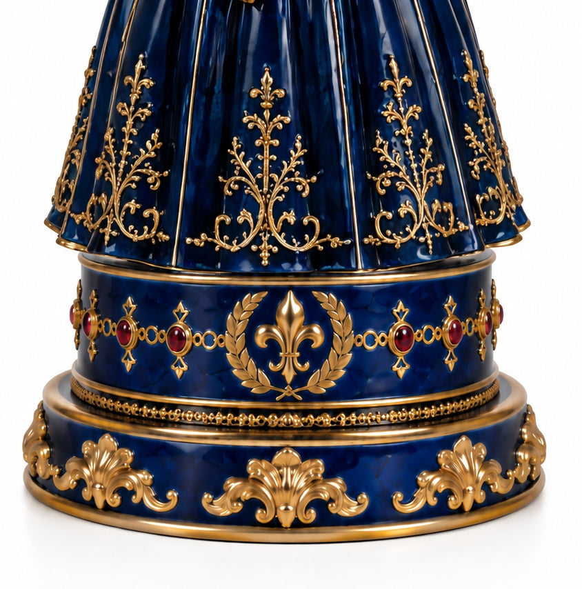 Close-up of Duchesse de Polignac paper weight base with blue hot enamel, natural garnets and ornate 24K gold gilt decoration
