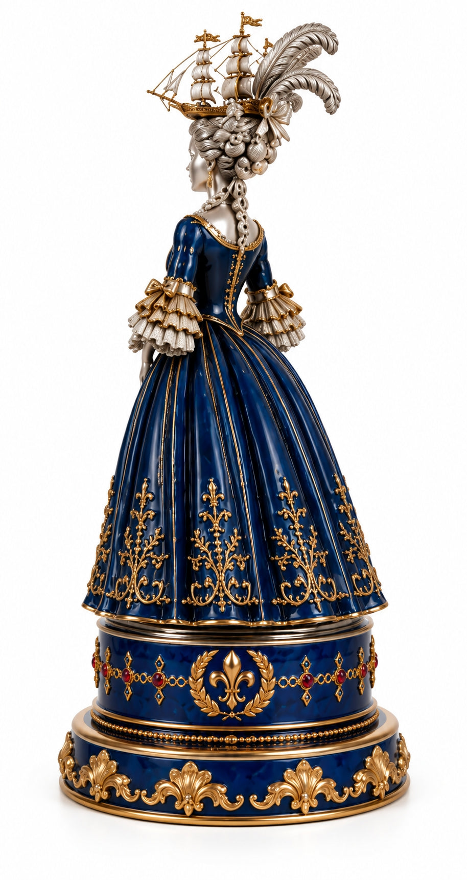 Side view of Duchesse de Polignac sterling silver paper weight with 24K gold gilt, blue enamel gown and sculptural ship headdress