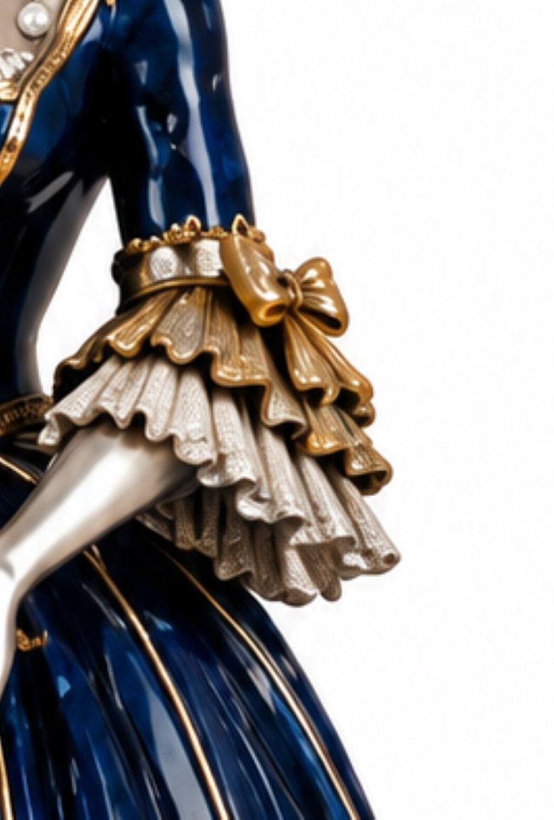 Detail of Duchesse de Polignac sterling silver sculpture with layered silver sleeves, 24K gold gilt bows and blue hot enamel