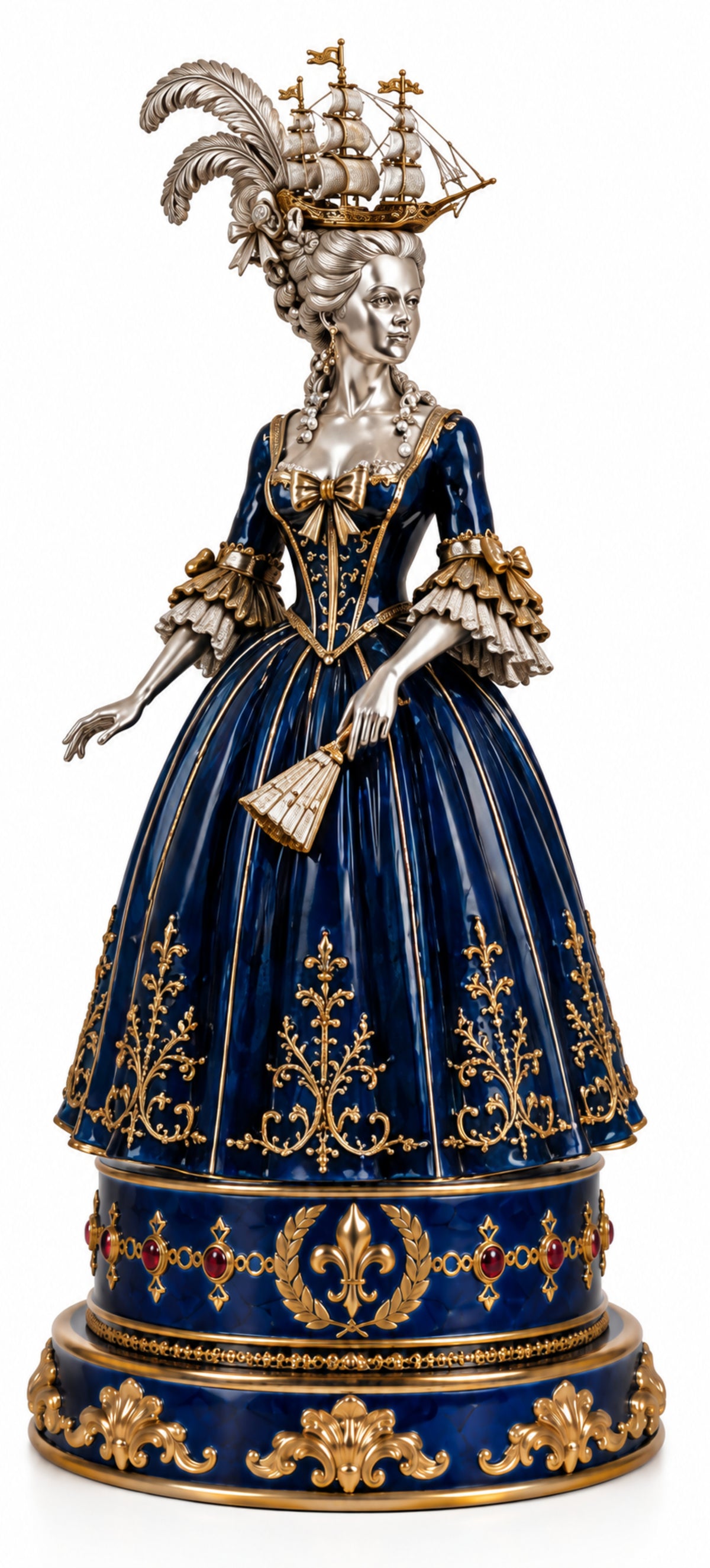 Duchesse de Polignac sculptural paper weight in sterling silver with 24K gold gilt, blue hot enamel and natural garnets
