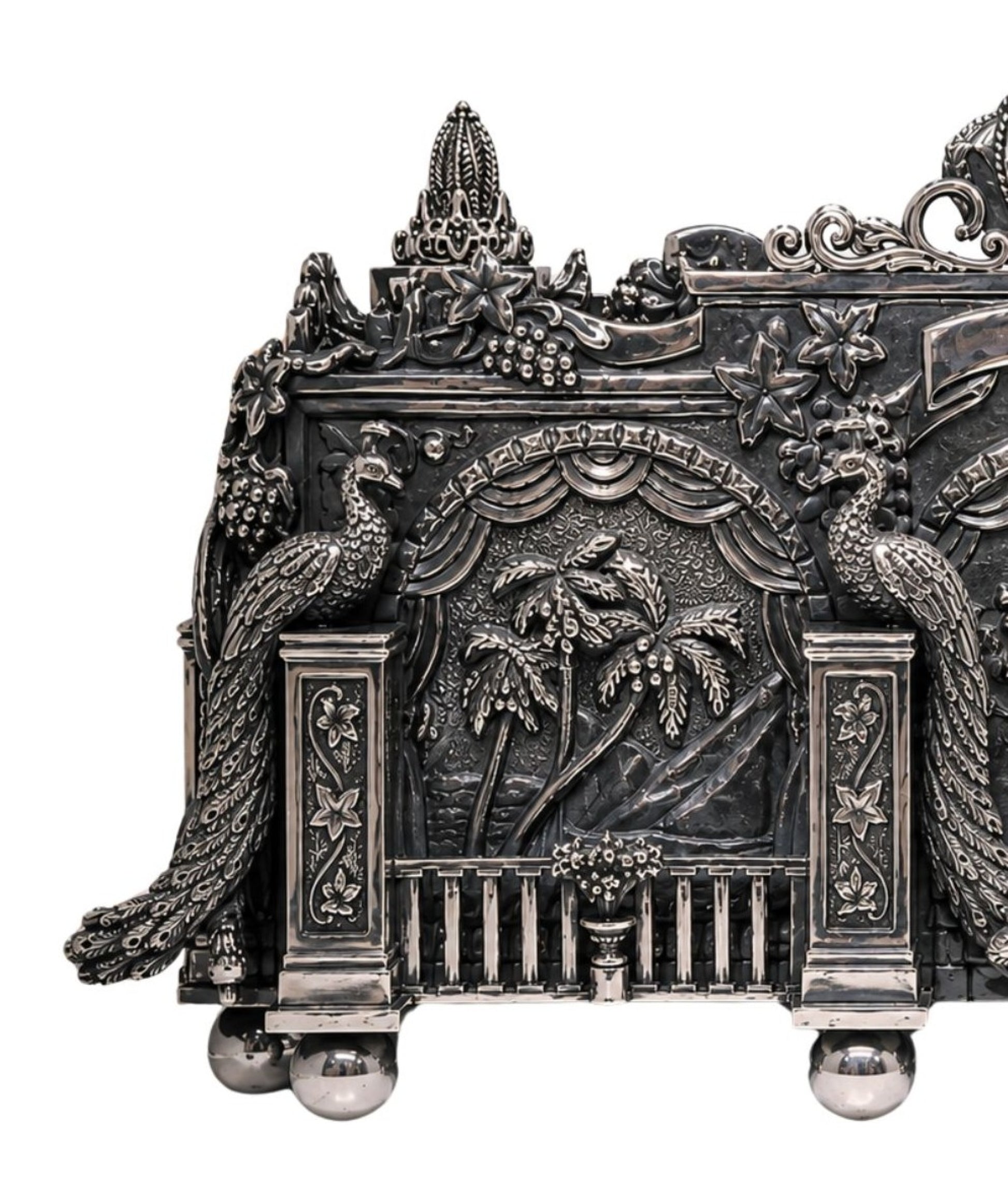 Close-up of Eden Palace sterling silver napkin holder corner featuring sculpted peacock, floral columns, draped palace curtains, grape clusters, and Genesis-inspired relief artwork.
