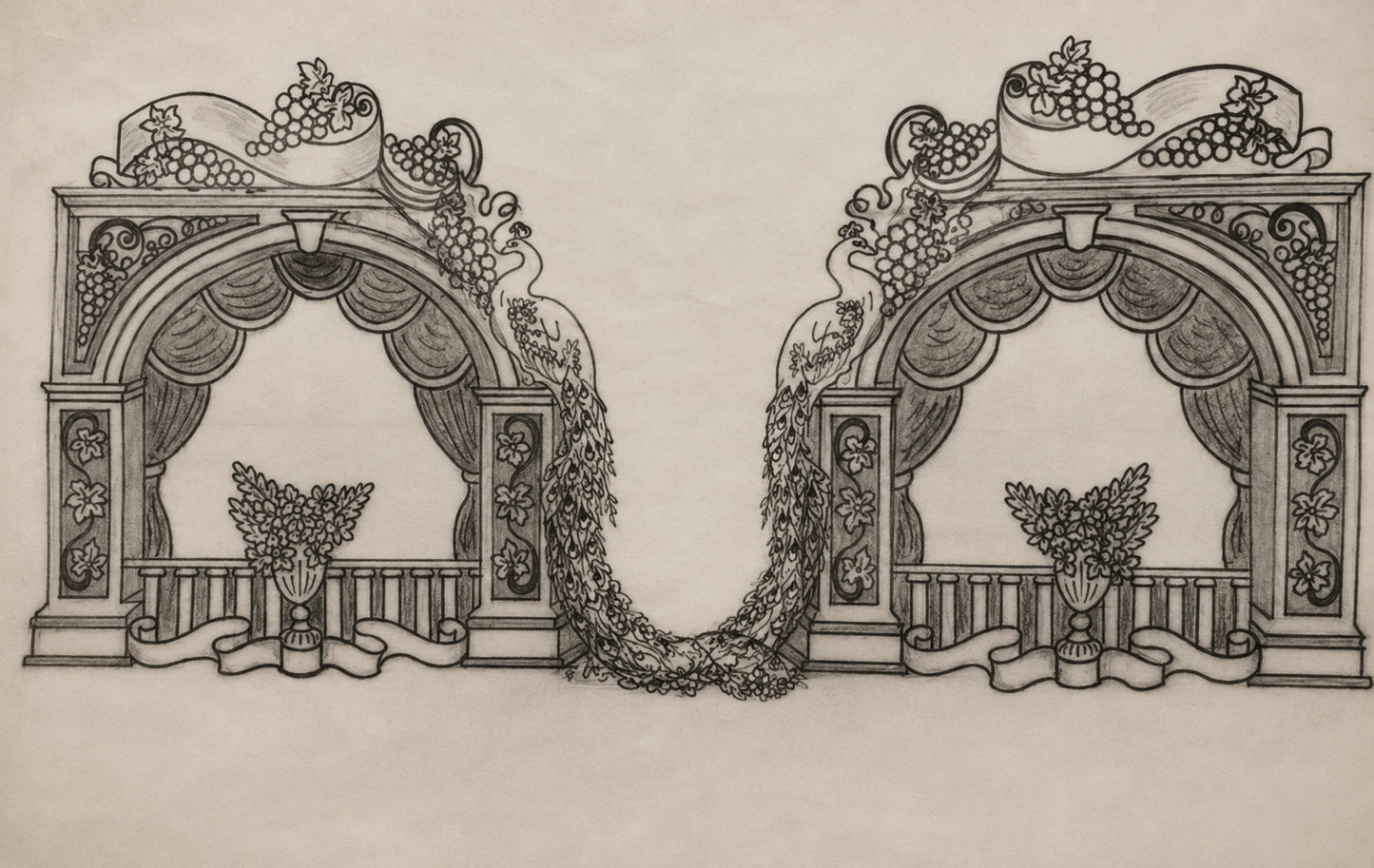 Genesis-themed side panel of Eden Palace sterling silver napkin holder depicting the Seven Days of Creation within a palace balcony framed by peacocks and decorative silver architecture.