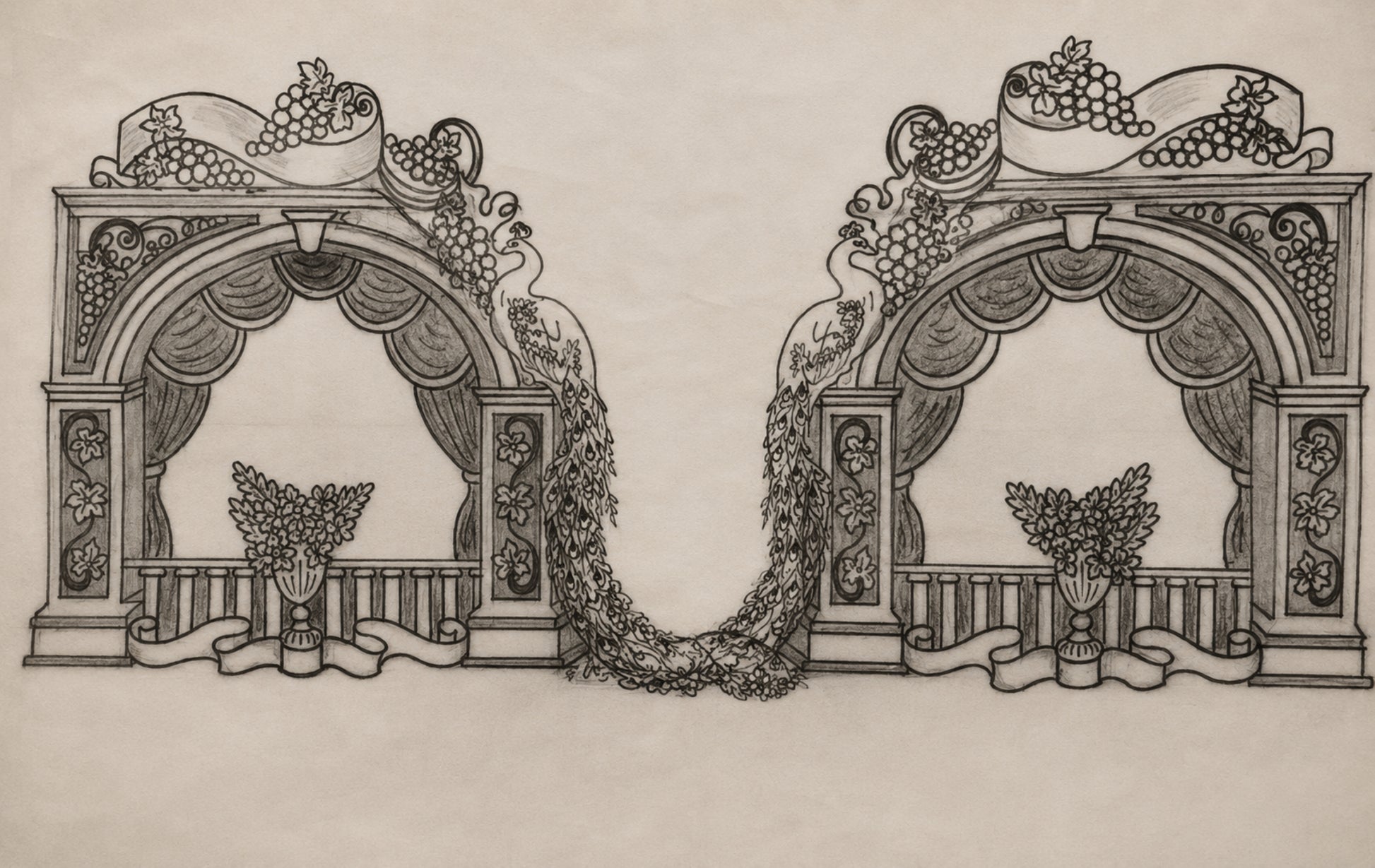 Genesis-themed side panel of Eden Palace sterling silver napkin holder depicting the Seven Days of Creation within a palace balcony framed by peacocks and decorative silver architecture.