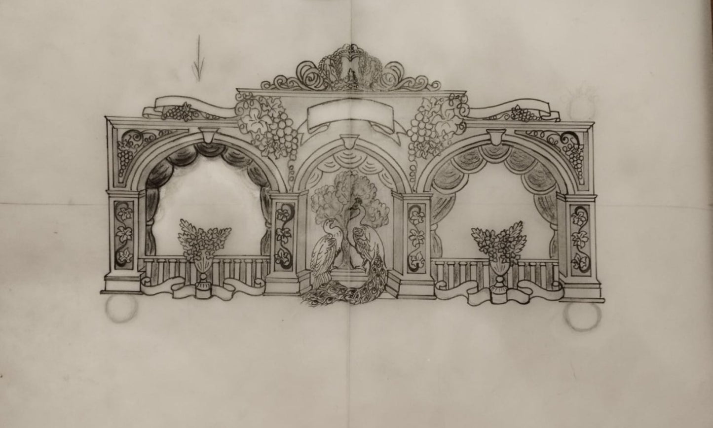Original Konforti design sketch for Eden Palace sterling silver napkin holder showing palace arches, peacock sculptures, grapevine motifs, and architectural decorative elements.