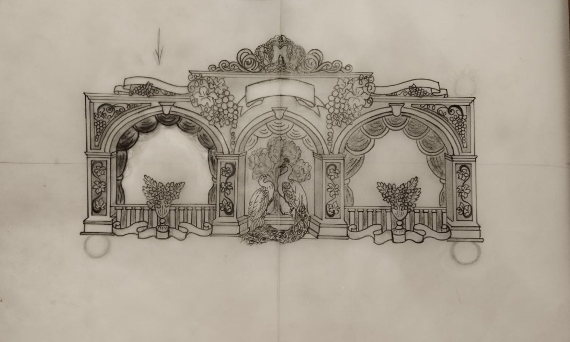 Original Konforti design sketch for Eden Palace sterling silver napkin holder showing palace arches, peacock sculptures, grapevine motifs, and architectural decorative elements.