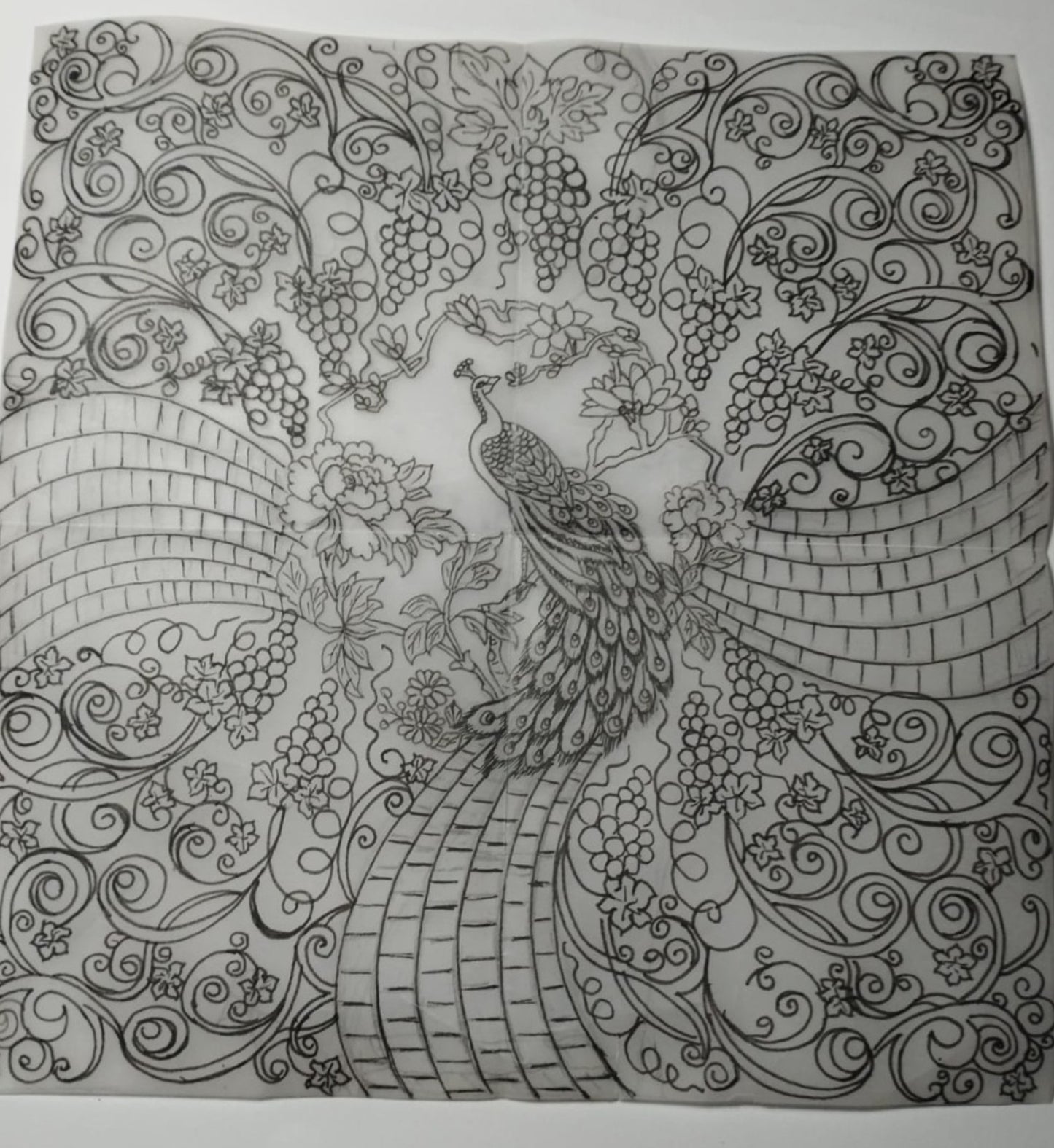 Hand-drawn design sketch of the engraved peacock floor panel created for the Eden Palace sterling silver napkin holder featuring grapevines and flowing ornamental patterns.