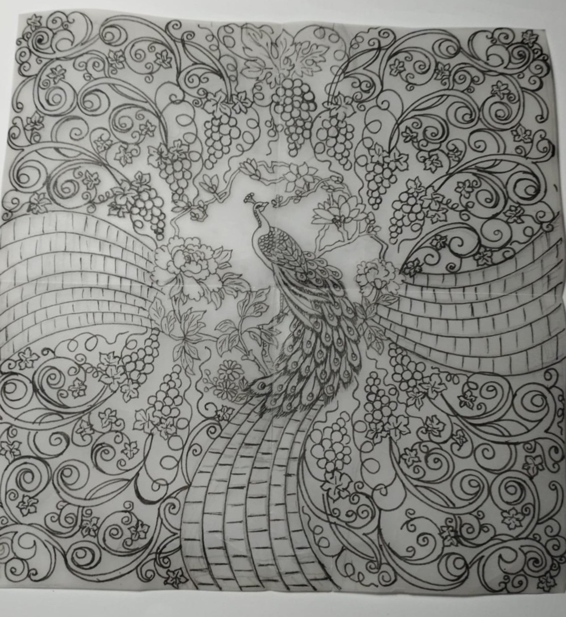 Hand-drawn design sketch of the engraved peacock floor panel created for the Eden Palace sterling silver napkin holder featuring grapevines and flowing ornamental patterns.