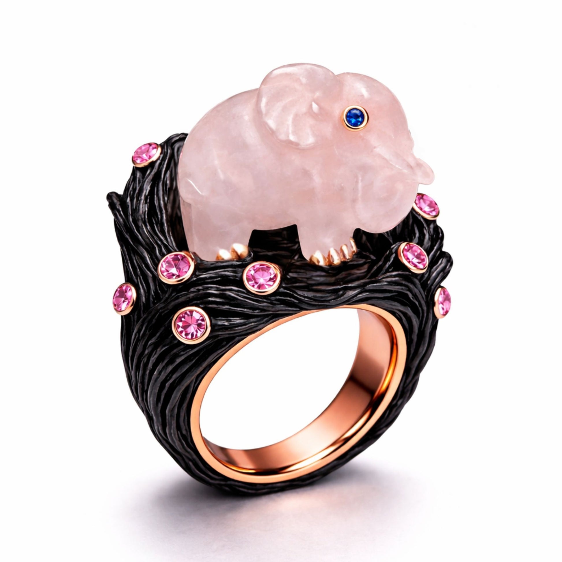 Handcrafted rose quartz elephant ring with pink sapphires set in black ebony wood and 14K rose gold, Eternal Guardian design by Konforti