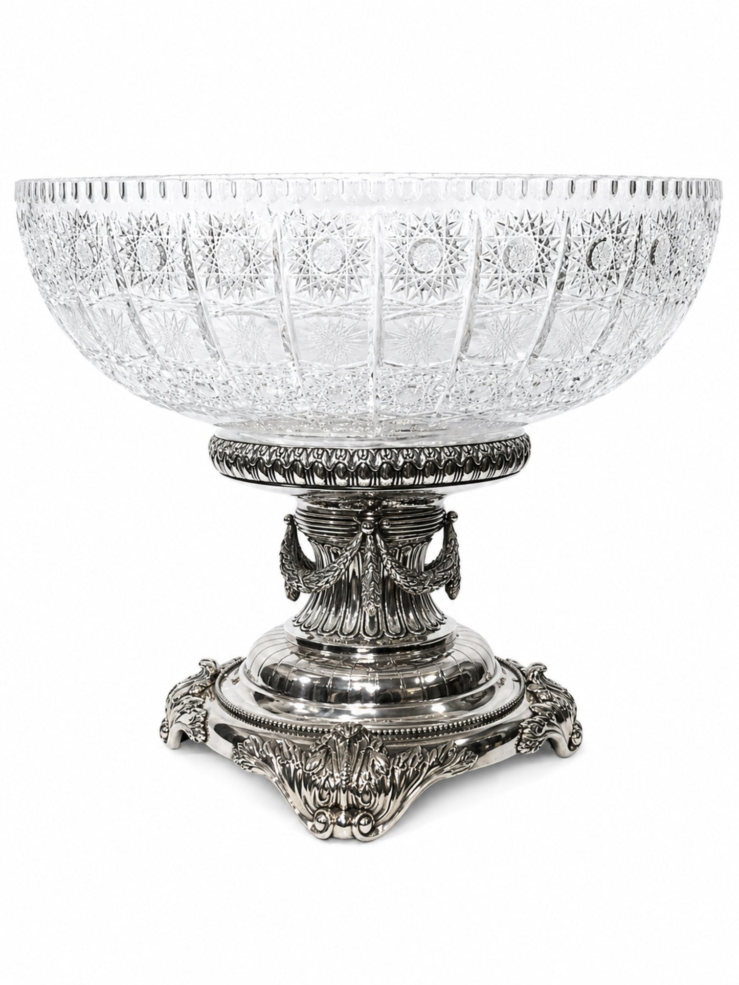 Fabergé-inspired crystal and sterling silver centerpiece vase handcrafted by Konforti Atelier, featuring cut crystal and ornate silver pedestal decoration.