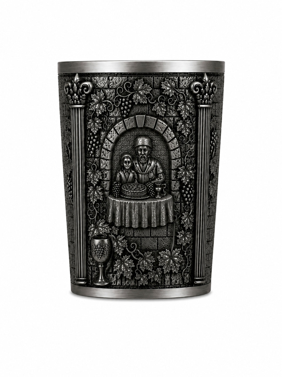 Handcrafted sterling silver Kiddush cup relief showing a father and son gathered around the Passover table during Kiddush, symbolizing family tradition, continuity, and the transmission of Jewish heritage.