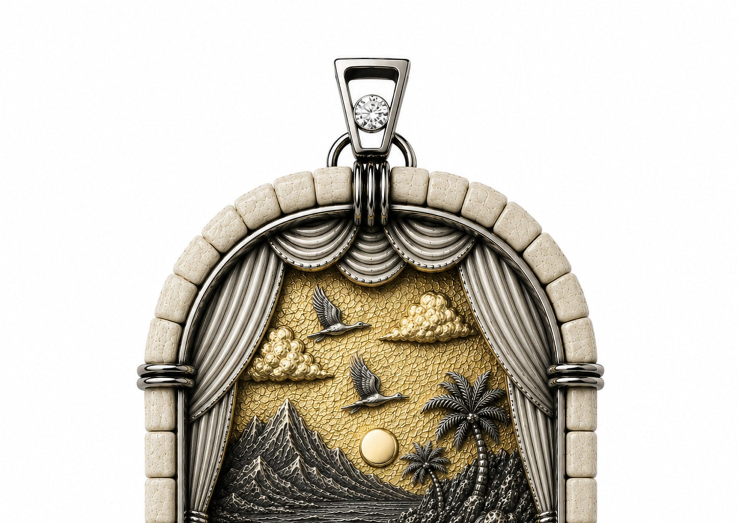 Close-up detail of the Fifth Day of Creation pendant showing birds flying beneath gilded heavens, handcrafted in silver and gold.