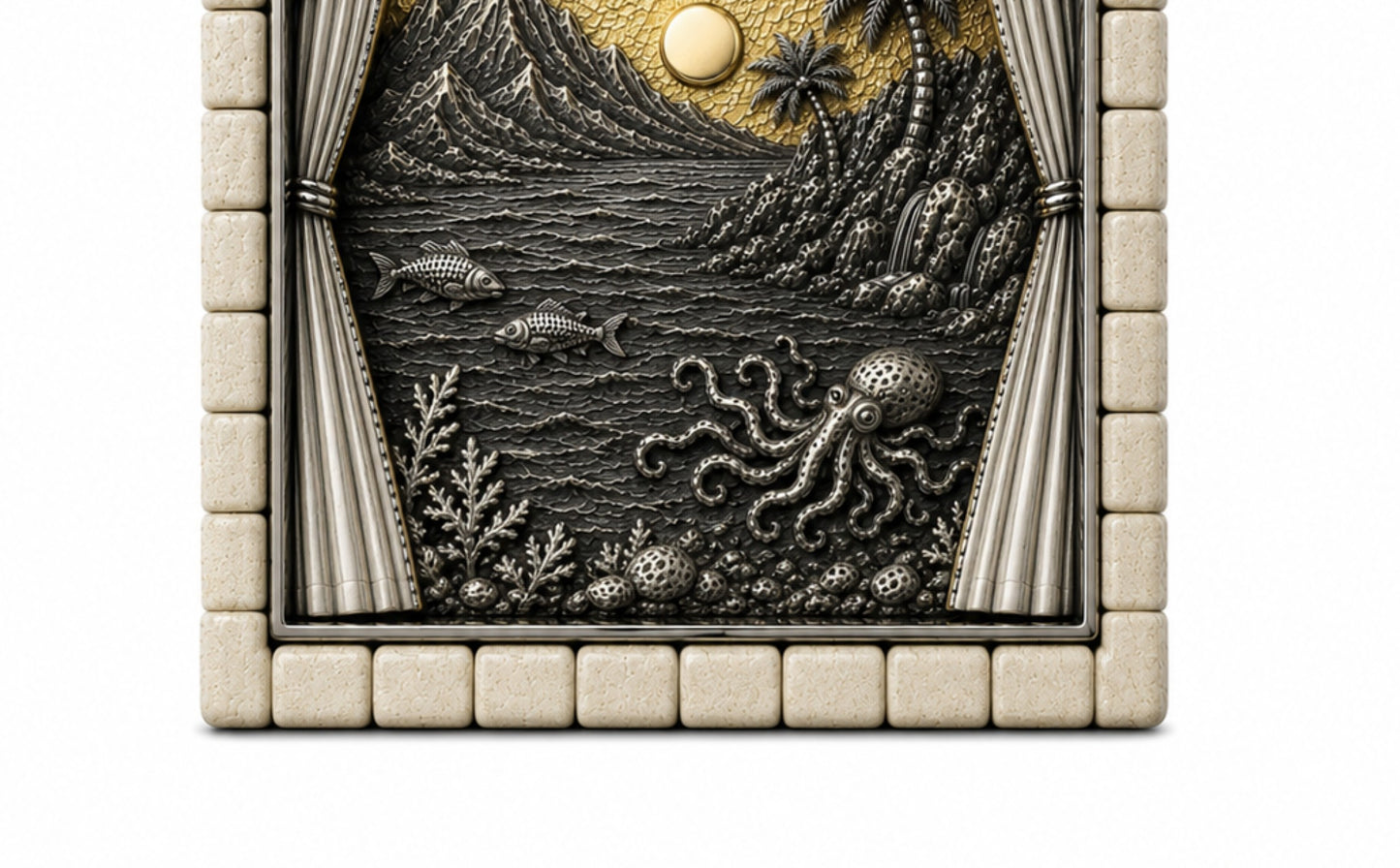 Detailed view of fish, octopus and underwater life sculpted in sterling silver within the Fifth Day of Creation pendant.