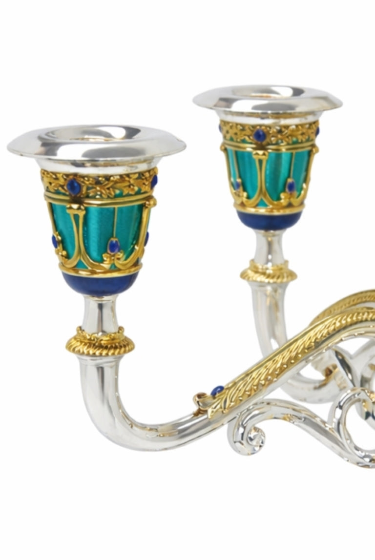 Five arm imperial silver candelabrum with guilloché enamel candle cups, lapis lazuli accents and gilded scroll arms