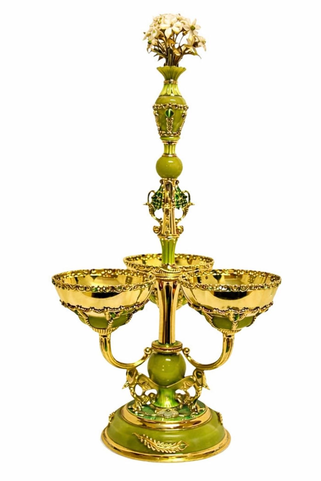Decorative centerpiece in gold vermeil silver with green enamel, jade elements and sculptural design from Flight of the Swan collection