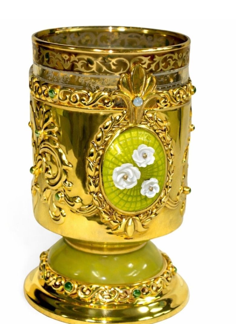 Sterling silver cup holder with gold vermeil, green guilloché enamel medallion and mother of pearl flowers, Flight of the Swan design
