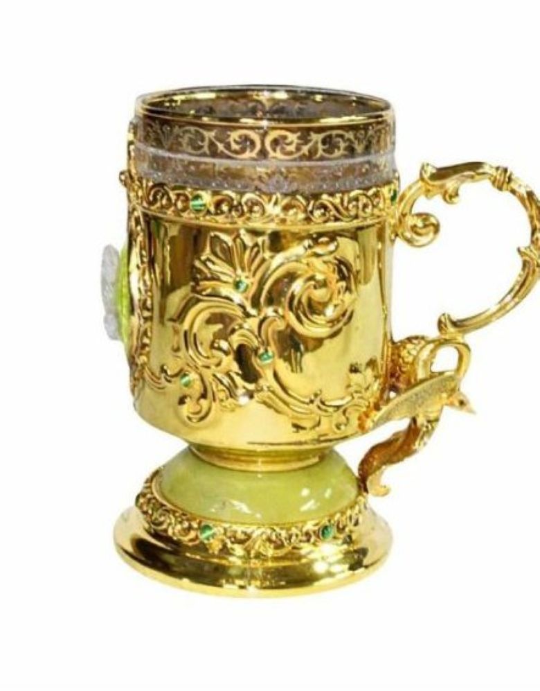 Gold vermeil silver cup holder with scrolling ornament, enamel detailing and sculptural handle, Flight of the Swan handcrafted piece
