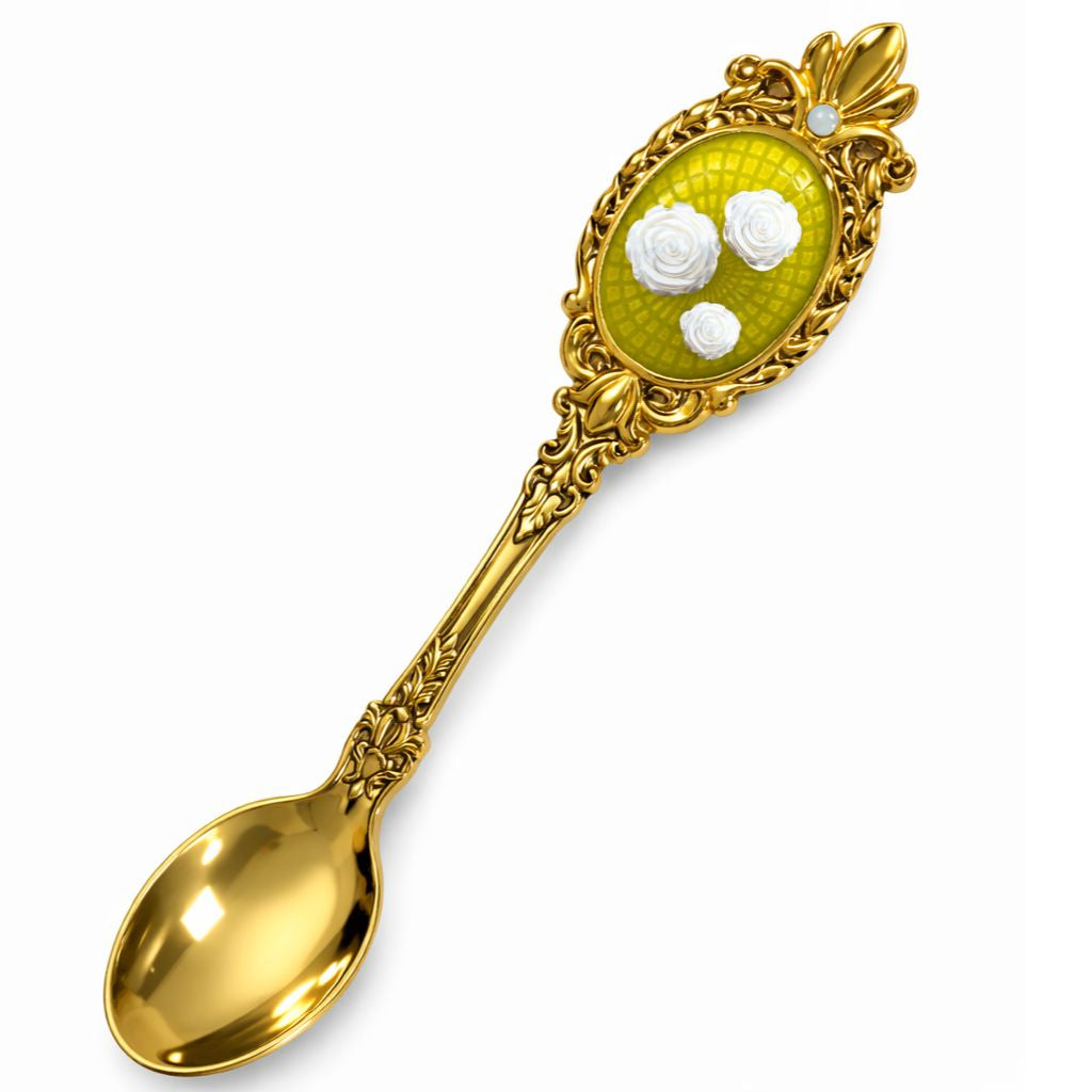 Sterling silver spoon with gold vermeil, guilloché enamel medallion and mother of pearl floral decoration, Flight of the Swan set
